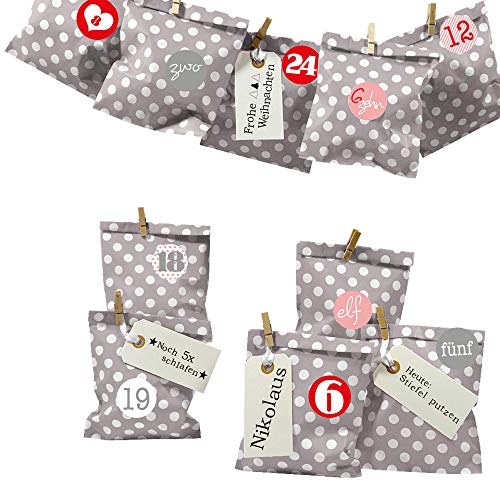 Frau WUNDERVoll® DIY Adventskalender zum Befüllen Bescherung: Set Punkt 157, Papiertueten flach 13x16,5cm, Taupe Punkt, Ziffern rosa-rot