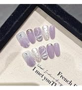 NLSJMP Handmade Nails Press on,Luxury glitter pearl purple white silver rhinestone Design Nail Ar...