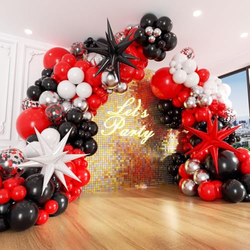 130pcs Red and Black Balloon Arch Kit with Metallic Silver Confetti Red Black and White Balloons for Graduation Birthday Party Decorations