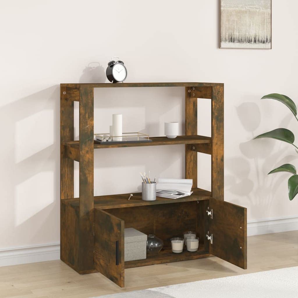 Szafka dąb dymiony 80x30x90 cm materiał drewnopochodny regał boczny z półkami i drzwiami do salonu biura organizacja przechowywania książek dekoracji meble odporne na wilgoć