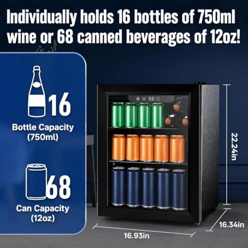 Image of Electactic 1.7 Cu.ft Beverage Refrigerator Cooler, 68 Can Mini Fridge Glass Door with Adjustable Shelves, Digital Temperature Display, Freestanding Small Drink Fridge for Home, Office or Bar(Black)