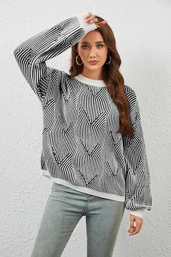 Women's Sweaters Fall 2025 Casual Long Sleeve Crewneck Cute Striped Pattern Knit Pullover Tops S-XL3