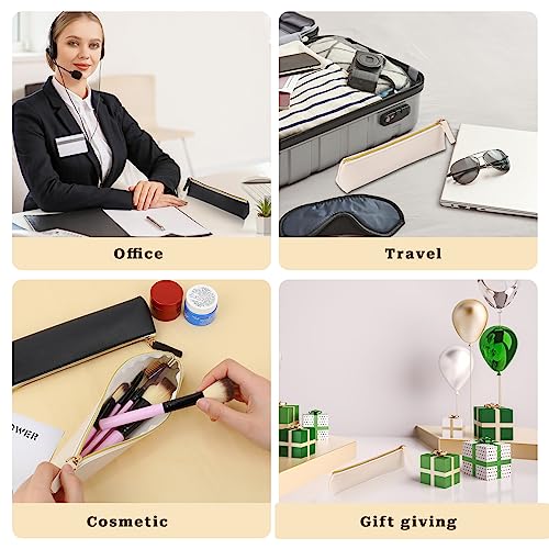 Vin Beauty 2 Pcs Leather Pencil Pouch, Slim Design Small Pencil Pouch Pencil Bag Zipper Pencil Case Bag Stationery Pouch Bag For Pens, Pencils, Markers(Black&Beige) #TOP5