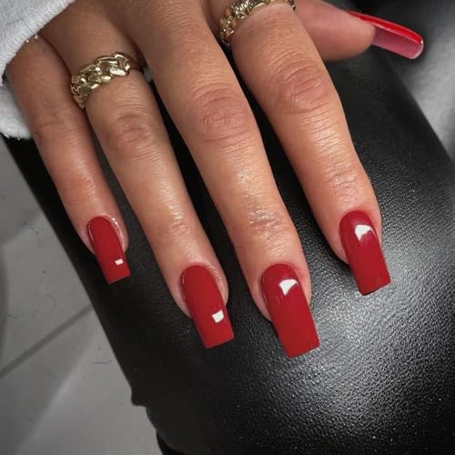 KXAMELIE Red Press on Nails Long Square, 24 Fake Nails Solid Color False Nails for Women