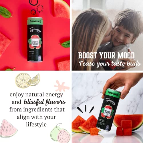 Betweener Sparkling Water, Flavored Seltzer & Energy Drink, Healthy Seltzer Beverages For Mood W/ L-Theanine, Vitamin B+C, Electrolytes & Real Juice - Low Cal, Low Carb + Low Sugar - Watermelon Shiso (Pack Of 12) #TOP4
