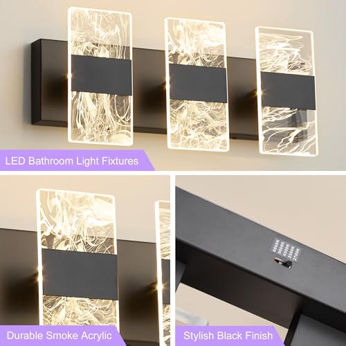 Image of Modern LED Bathroom Light Fixtures Dimmable 3-Light Black Vanity Light