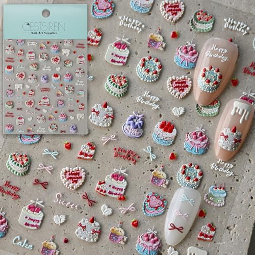 CESTSIREN Strawberry Cake Nail Art Stickers, Cute Nail Decals, Self-Adhesive,Birthday
