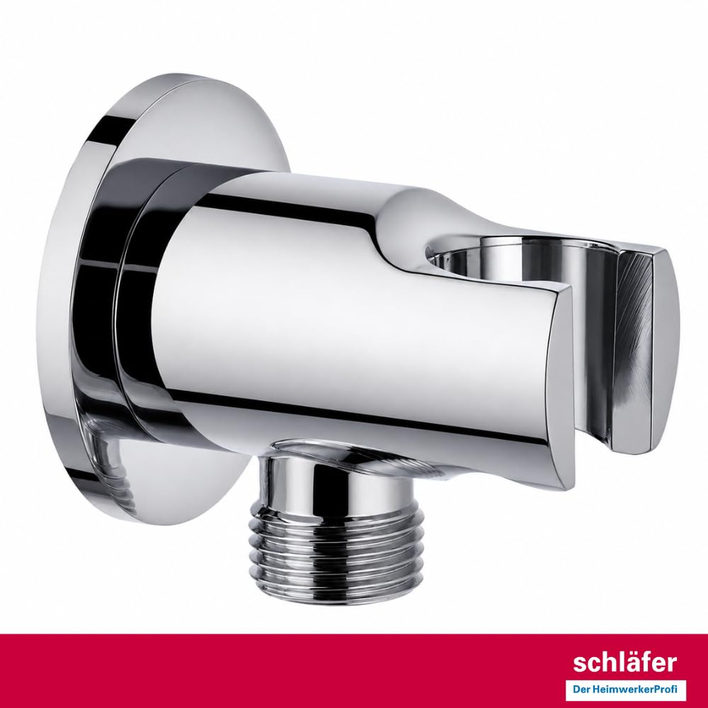 Schläfer 814320 | Presa Acqua Doccia Tonda con supporto per Doccetta Cromo, Uscita Acqua Parete G 1/2" - Ø 20,86 mm, Raccordo Gomito per Flessibile Doccetta in Ottone Design Moderno