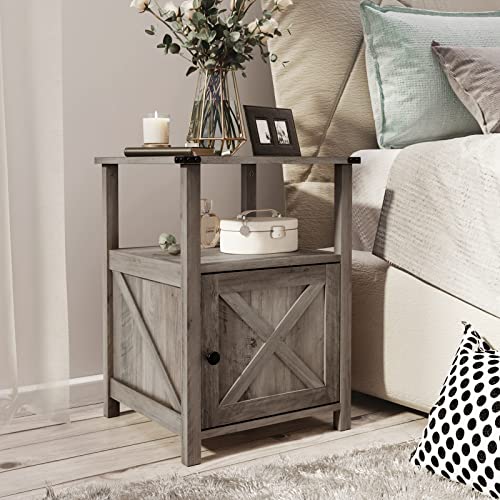 Joinhom Farmhouse Nightstand Bedroom, End Table With Barn Door And Shelf, Wooden Side Table For Living Room, Office, Bedroom, Washed Grey #TOP1