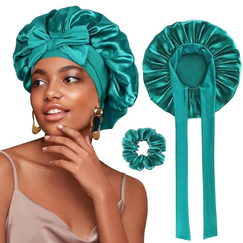 FOLAI Satin Bonnet,1PC Silk Sleep Bonnets for Women, Adjustable Satin Night Sleeping Cap Soft Elastic Band Silk Bonnets for Sleeping, Hair Bonnet with Tie Band for Curly Hair Braid Women (Green)
