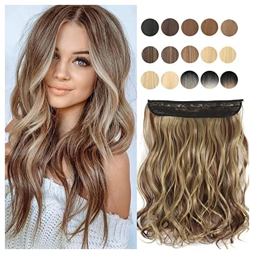 Inscca Hair Extensions Halo Light Golden Brown & Natural Blonde Hightlighted Invisible Wire in Extension Fake Hair 16" Short Wavy Curly Hair Piece for Women Transparent Adjustable Line