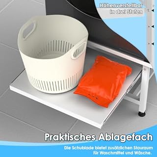 Jaxguom Support de machine à laver blanc avec étagères extensibles 3 hauteurs réglables, socle réglable pour sèche-linge à tambour et cadre de congélateur