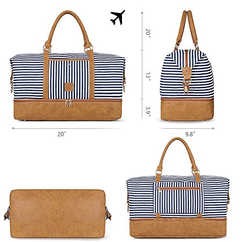 Plambag Canvas Duffel Weekender Bag with Shoe Compartment 42L Overnight Travel Tote Bag(Blue Stripe)