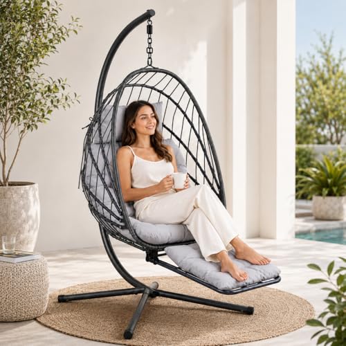 Hanging Egg Chair with Stand and Retractable Footrest, Rattan Wicker Swing Chair with Thick Cushion & Headrest, Indoor Outdoor Hammock Lounge Chair for Patio, Bedroom, Balcony, Garden, Dark Gray Frame