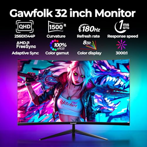 Gawfolk 32 inch Curved QHD (2560 * 1440) Gaming Monitor 2K 180Hz Computer Screen, Frameless 1500R Curved Computer Display Screen ,100% sRGB,with FreeSync,VESA Compatible - Image 3