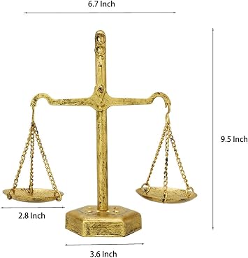 Owlgift Vintage Gold Scale of Justice Jewelry Stand Iron Metal Jewelry Holder, 6.7 W 9.5 H 3.1 D Antique Law Decor Gift for Lawyer, Judge, Auctioneer, Justice Symbol Accent Piece