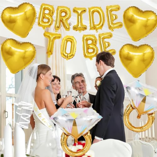 Image of Gold Bachelorette Party Decorations, Gold Bride to Be Banner Heart Balloons with Diamond Ring Foil Balloon, Bride to Be Sash&Veil for Bachelorette Engagement Gift Bridal Shower Party Supplies