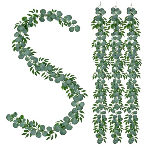 Greentime 4 Pack Artificial Eucalyptus Garland Plant Faux Eucalyptus Leaves Hanging Vines Greenery Garland for Wedding Backdrop Home Indoor Outdoor Table Arch Wall Decoration