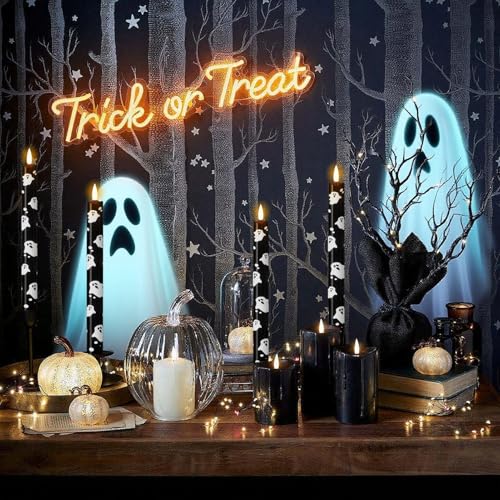 Image of Eldnacele Halloween Ghost Flameless Taper Candles Battery Operated with Remote Timer, Set of 4 Black Real Wax 3D Wick LED Flickering Candle Spooky Halloween Indoor Decor(0.78 inch D x 9.64 inch H)