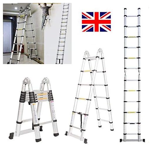 Aluminum 3.8m/12.5ft Folding Telescopic Ladder Extendable 16 Steps, Can Be Straight Or A-Frame Ladder, EN131 Certification, 150KG Capacity