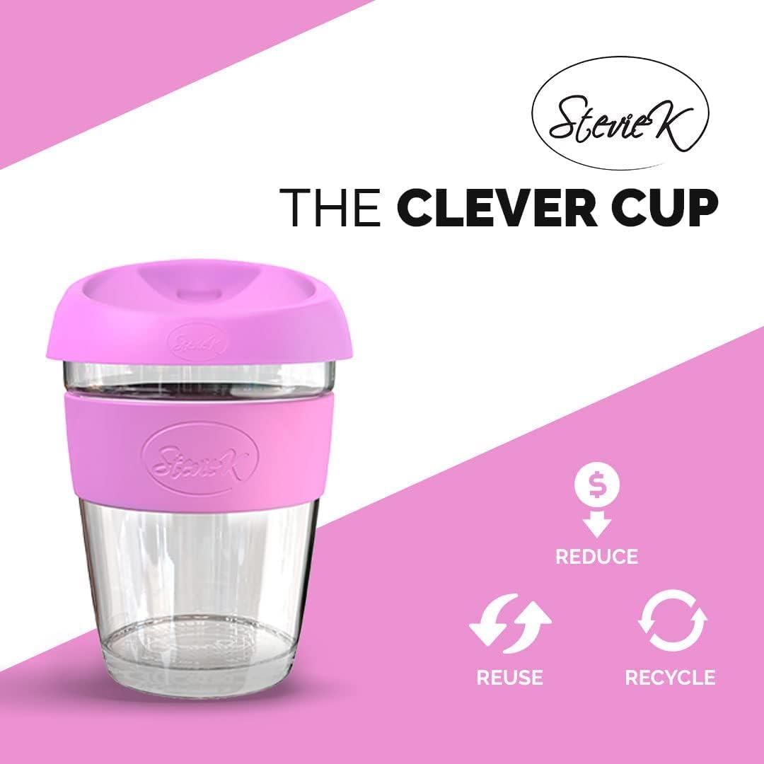 Cup - Reusable Coffee Cup, Glass Mug with Lid - Toughened Glass Coffee Cup, Travel Mug (8oz,12oz,16oz Turquoise, Pink, Purple, Black) (8oz, Pink)