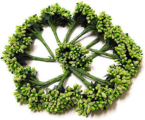 Image of Prokart Premium Pollen Flowers for Hair Accessories, Tiara Making, Jewelry Making and Dress Decoration | 12 Bunch of 2 Pollen Each | (Pack of 24pc) (Green)