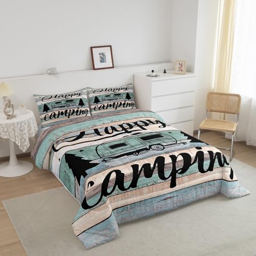 Image of Camper Comforter Twin Size Happy Camping Bedding for Boys Kids Girls Rustic Farmhouse Style Comforter Set, Camper Accessories for Travel Trailers, Camper Must Haves,Teal Blue Vintage Wooden Quilt Set