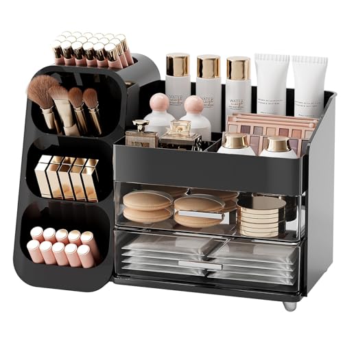 Image of UFORU Makeup Organizer for Vanity with Brush Holder, Large Capacity Bathroom Countertop Skincare Organizer with 2 Drawers, Cosmetic Display Case for Perfumes, Eyeshadow Palettes, Nail Polishes