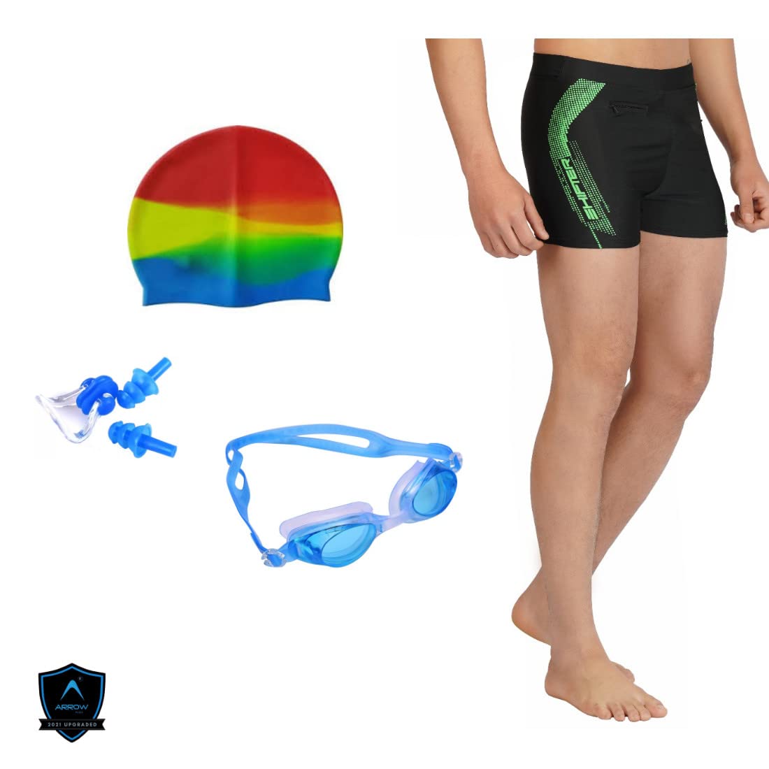 SHIFTER Swimming Combo Kit Regular Fit (28in to 42in) Swimming Short, Goggles, Silicone Cap, 2Pc Ear Plugs, 1 Pc Nose Clip, Swimming Suit (Multicolor) (30 INCH)-image-46