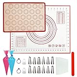 Teqifu Silicone Baking Mats Set, Non Stick Food Grade Macaron Baking Mat Pastry Mat with Measurement for Rolling Dough, Cookies, Bread, 12-Pack Piping Tip & 2-Pack Reusable Piping Bag Included