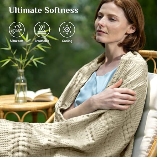 Image of BEDELITE Cooling Waffle King Size Blanket- Lightweight Breathable Cotton Summer Blanket of Rayon Derived from Bamboo for Hot Sleepers, Soft Throws for Bed, Couch and Sofa, Linen, 108x90 Inches