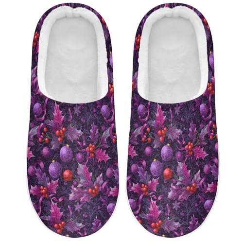 Fuzzy Memory Foam Slippers for Women/Men Ribbon Christmas Balls Berries Pattern Fluffy Winter House Shoes Indoor and Outdoor2
