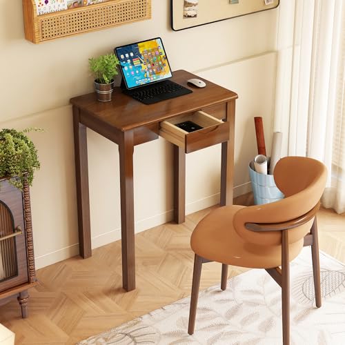 Sumbame Wood Desk with Drawers - Solid Wood Mid Century Modern Desks for Bedroom Small Computer Desk for Laptop Study Makeup 23.6 W x 29.5 H x 15.7 D in Walnut Color