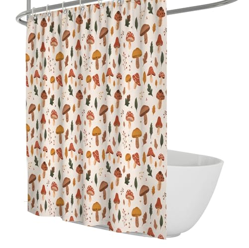BYLEEHOMED Cute Spring Mushrooms Shower Curtain Beige Cartoon Design Fabric