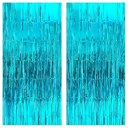 Image of KatchOn XtraLarge Blue Foil Fringe Curtain - 3.2x8 ft, Pack of 2 | Water Streamer Backdrop for Beach & Under The Sea Parties