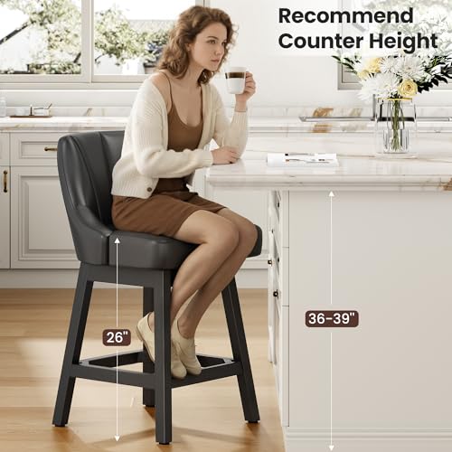 Silla de Bar REONEY Giratoria, Taburete de 26" con Asiento Tapizado de Cuero PU Impermeable, Diseño Moderno con Respaldo y Patas de Madera Maciza, para Cocina o Bar en Casa, Negro miniatura 7