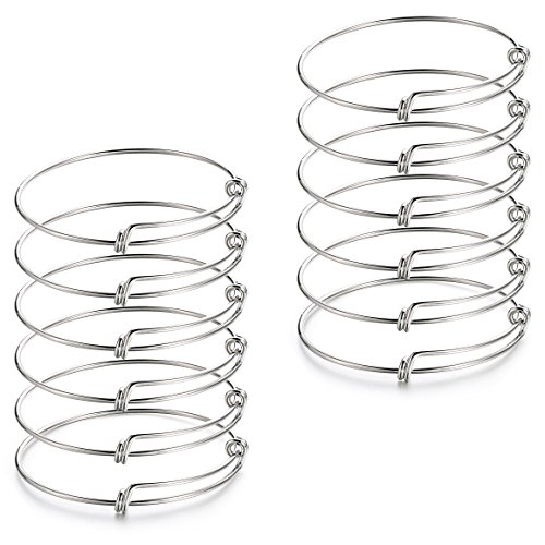 2.6 inch 12 pcs Expandable Adjustable Wire Blank Charms Bangle Bracelet for Women,Men, DIY Jewelry Making