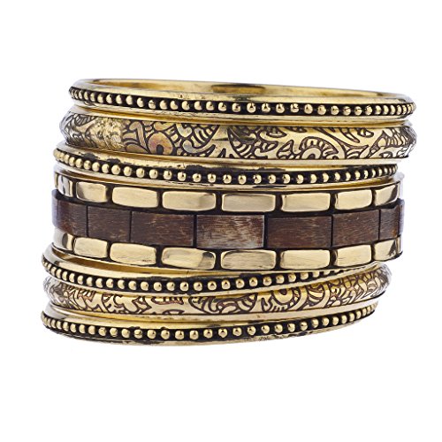 LUX ACCESSORIES Gold Tone Wood Burnished Aztec Multi Bangle Bracelet Set