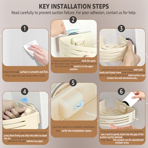 Image of Conworld Corner Shower Caddy Suction Cups, Corner Shower Shelf, Shower Organizer Suction for Bathrooms Storage with Hooks, No-Drilling Removable (Aluminum, 2-Pack, Cream)