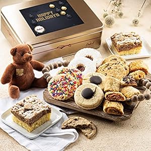 Dulcet Gift Baskets Happy Holiday Deluxe Bakery Mix of Assorted Cookies and Pastries with Decorative Teddy Bear for Women, Friend, College, Couples, Mom, Dad, Wife, Daughter, Him and Her.