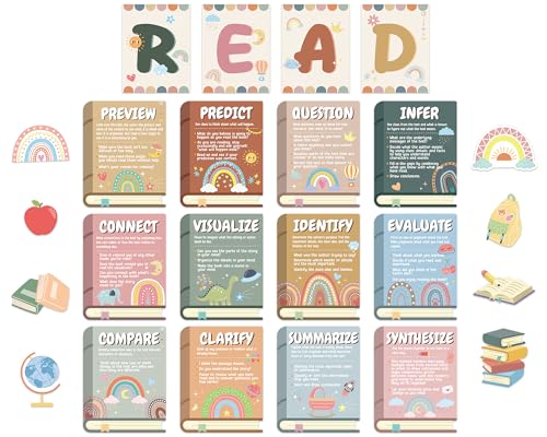 Boho Reading Strategies Posters Educational Reading Bulletin Board Classroom Decorations Rainbow Book Apple Cutouts for Library Kindergarten Elementary Middle School Wall Decor Teacher Supplies