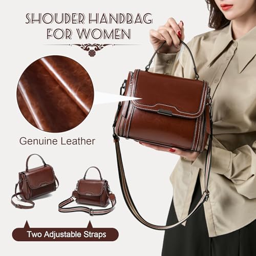 Waxed Leather Crossbody for Women, Top-Handbags Removable 2 Shoulder Straps2