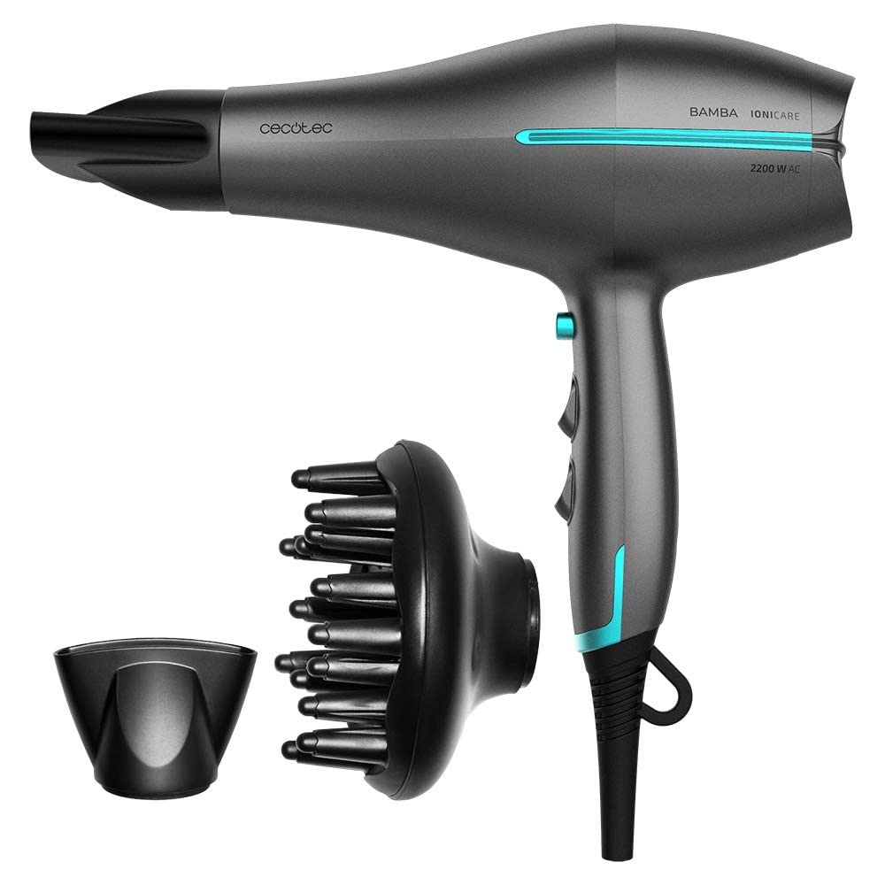 Cecotec Secador de Pelo Iónico Bamba IoniCare 5300 Maxi Aura Black. 2200 W, Motor AC, Función de Aire frío, Cable 1.8 m, Incluye Difusor y Concentrador, Negro