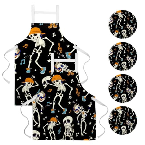 Lot de 2 tabliers de cuisine squelette dansant avec 4 broches pour le service en bistrot