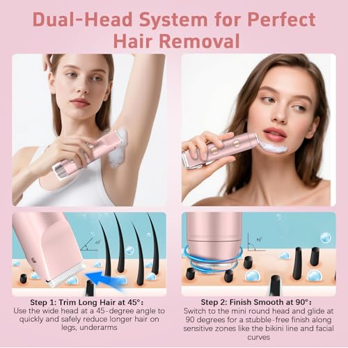 3-in-1 Lady Shaver & Bikini Trimmer for Women | Dual Head Electric Razor | USB-C Rechargeable Facial & Body Hair Remover for Lips, Underarms, Intimate Areas | IPX7 Waterproof Women's Shaver - Image 3