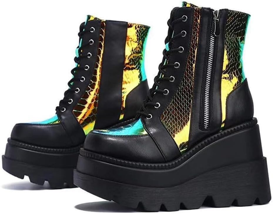 Image of Womens Goth Platform Boots Chunky High Heel Booties Round Toe Combat Ankle Boots Womens Lace Up Motorcycle Wedges Shoes