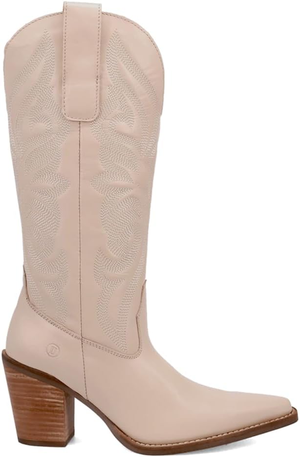 Dingo Womens Hensley Embroidered Snip Toe Pull On Casual Boots Mid Calf Mid Heel 2-3" - Beige