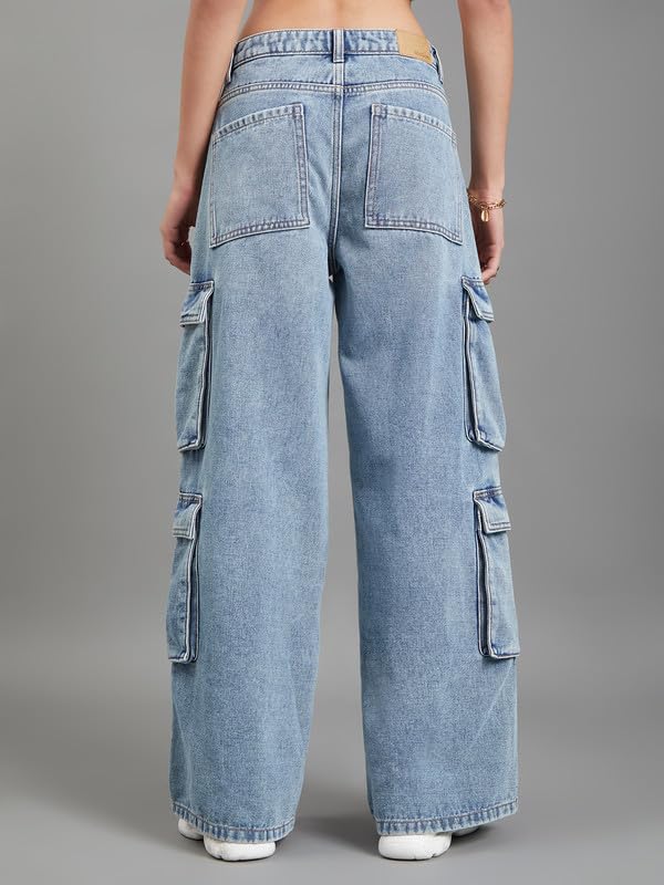 Image of GO COLORS Mostlysane Collection Denim Cargo Pant for Women | Breathable, Mid Rise, 8 Pockets