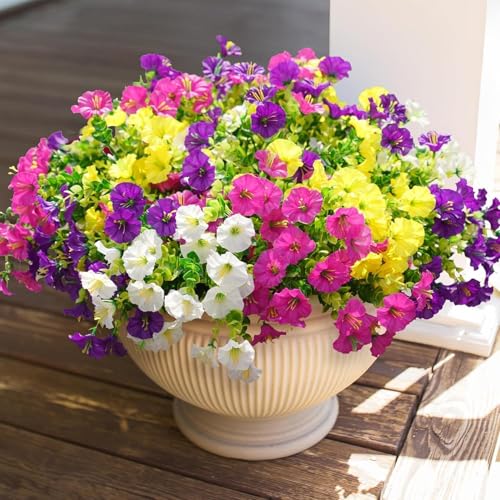 Weldomcor Lot de 12 Fleurs Artificielles Extérieures 4 Couleurs UV Résistant Bouquets Fausse Fleurs Plantes Artificielles pour Cimetiere Mariage Jardin...