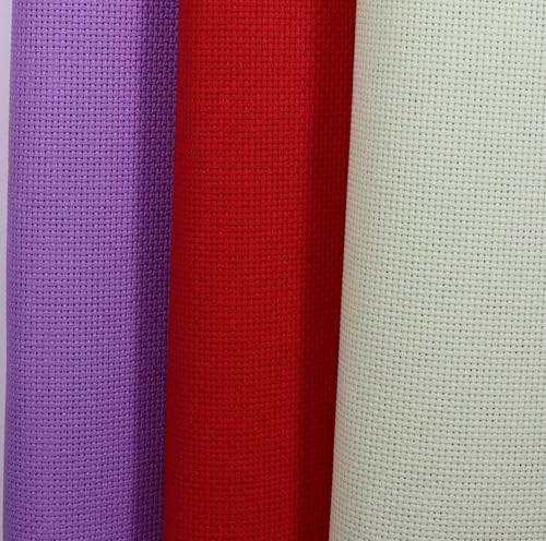 Image of KCS 3 pc of 15 inch x 18 inch(38cmx45cm) Counted Cross Stitch Cotton Aida Cloth Needlework Rolled Fabric Box,18CT,Light Green+Lavender+Red